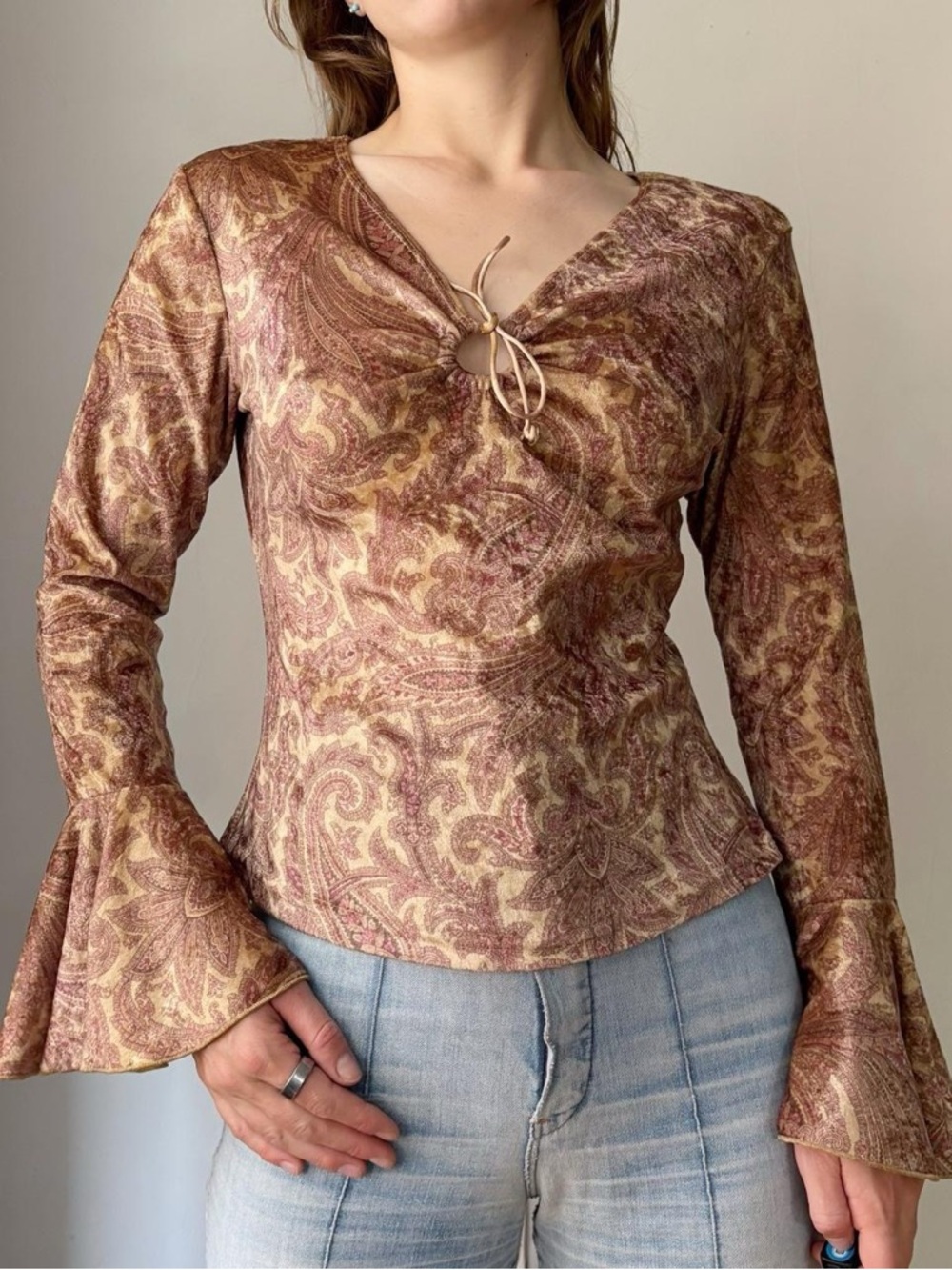 Y2K boho / whimsigoth paisley velvet bell sleeve top